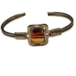 Vintage Elegant Brown Agate Cabochon Gold Tone Cuff Bracelet Fashion Jewelry